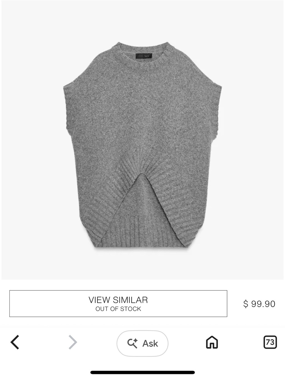 NWT Zara Gray Ribbed Crewneck Cap-Sleeve Sweater